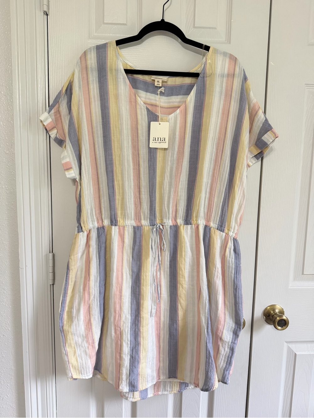 ANA A New Approach Women’s XXL Striped Linen Blend Dress Pastel Tie Waist Lined